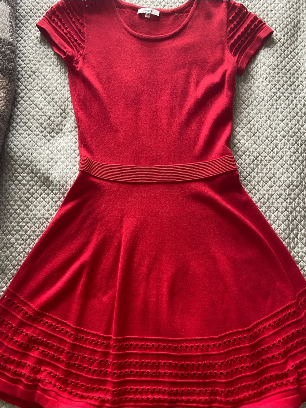 SUNCOO Red Knit Short-Sleeve Fit & Flare Dress